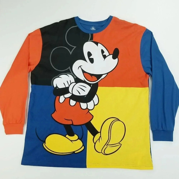 Disney 2XL Full Length Mickey Mouse Red Black Yellow Check Long Sleeve Crew Tee - Picture 1 of 7